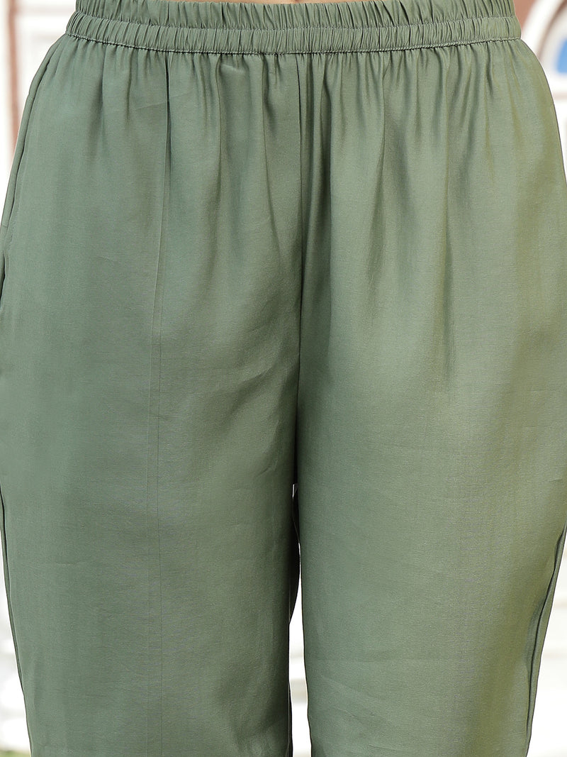 Stylum Women's Green Solid & Embroidered Silk Blend Straight Kurta Pant Dupatta Set (KPDGREENFAI)