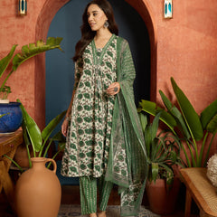 Stylum Women's Green Floral Printed Cotton A-Line Kurta Pant Dupatta Set (KPDGREENGARBA)