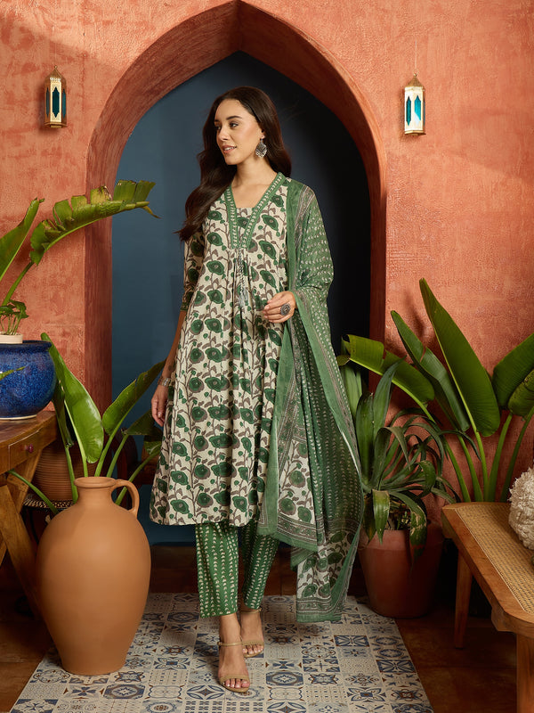 Stylum Women's Green Floral Printed Cotton A-Line Kurta Pant Dupatta Set (KPDGREENGARBA)