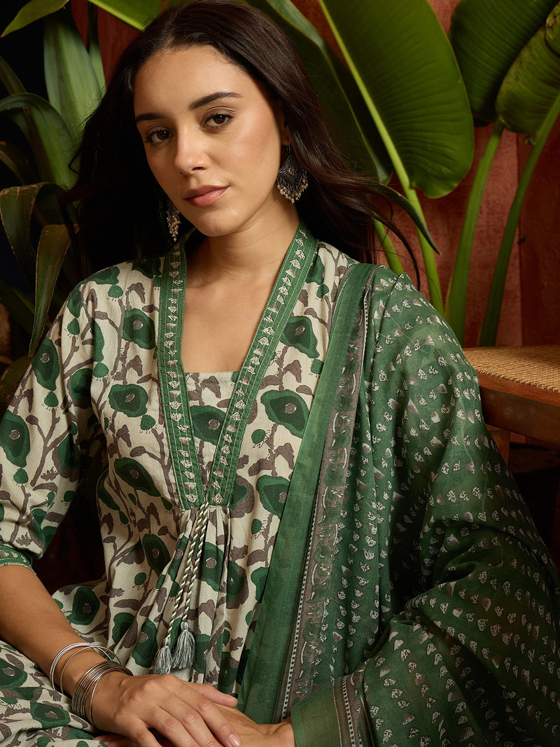 Stylum Women's Green Floral Printed Cotton A-Line Kurta Pant Dupatta Set (KPDGREENGARBA)