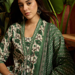 Stylum Women's Green Floral Printed Cotton A-Line Kurta Pant Dupatta Set (KPDGREENGARBA)