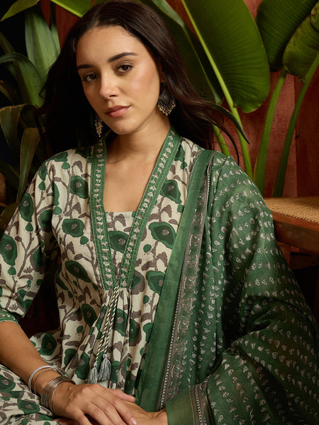 Stylum Women's Green Floral Printed Cotton A-Line Kurta Pant Dupatta Set (KPDGREENGARBA)