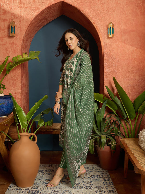 Stylum Women's Green Floral Printed Cotton A-Line Kurta Pant Dupatta Set (KPDGREENGARBA)