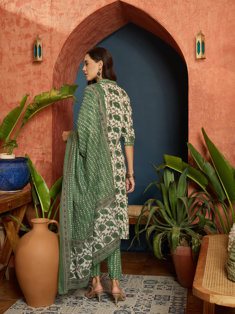 Stylum Women's Green Floral Printed Cotton A-Line Kurta Pant Dupatta Set (KPDGREENGARBA)
