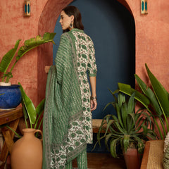 Stylum Women's Green Floral Printed Cotton A-Line Kurta Pant Dupatta Set (KPDGREENGARBA)