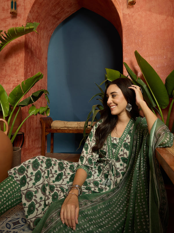 Stylum Women's Green Floral Printed Cotton A-Line Kurta Pant Dupatta Set (KPDGREENGARBA)