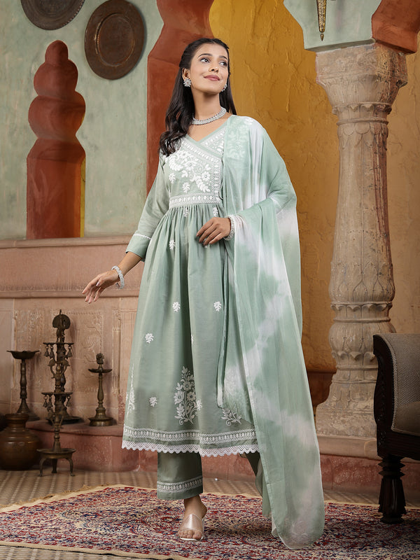 Stylum Women's Green Embroidered Cotton Angrakha Cut Flared Kurta Pant Dupatta Set (KPDGREENGORI)