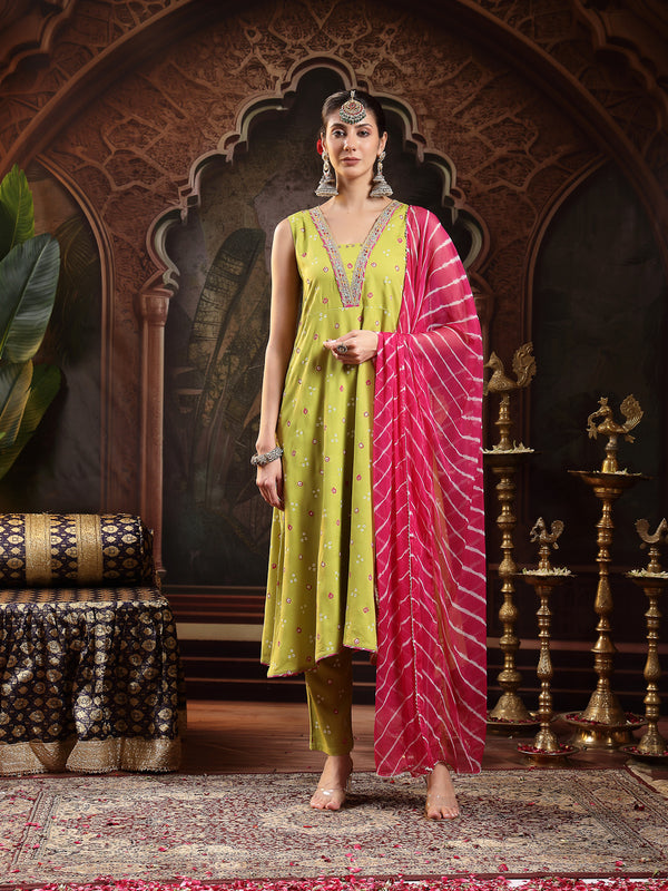 Stylum Women's Green Bandhej Printed & Embroidered Rayon A-Line Kurta Pant Dupatta Set (KPDGREENHERMES)