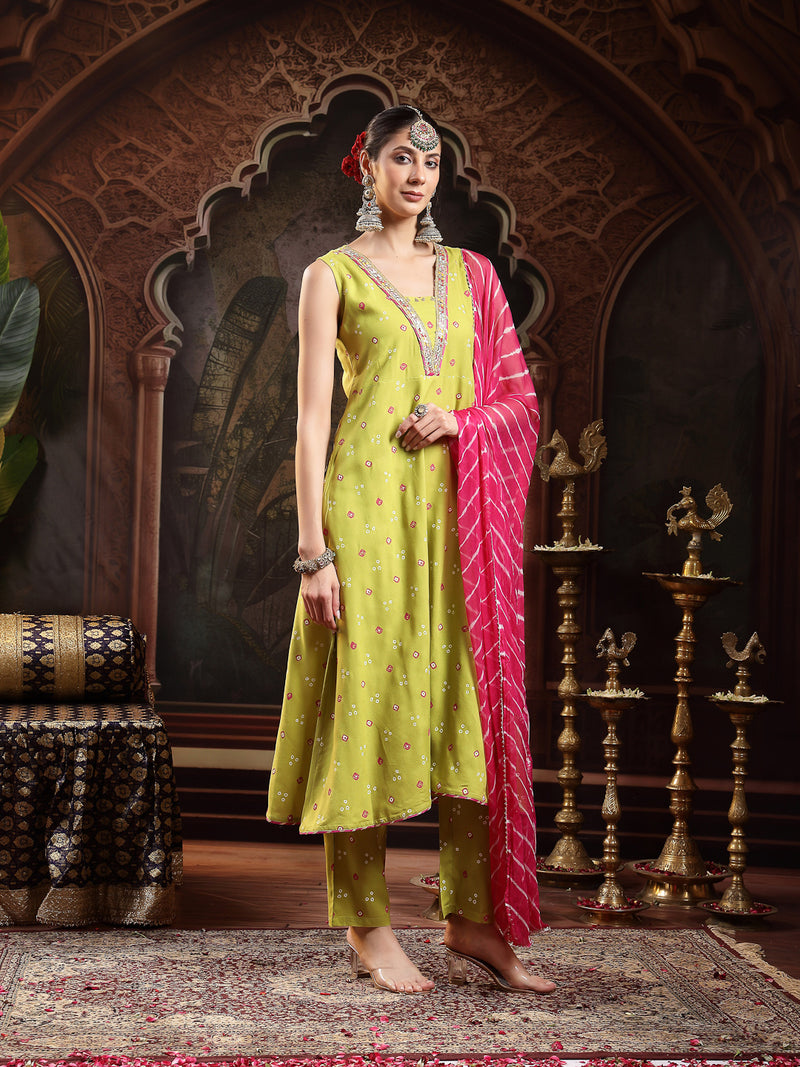 Stylum Women's Green Bandhej Printed & Embroidered Rayon A-Line Kurta Pant Dupatta Set (KPDGREENHERMES)