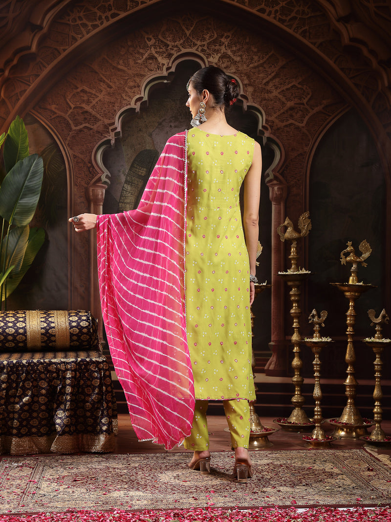 Stylum Women's Green Bandhej Printed & Embroidered Rayon A-Line Kurta Pant Dupatta Set (KPDGREENHERMES)