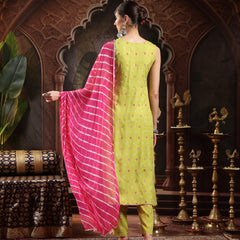 Stylum Women's Green Bandhej Printed & Embroidered Rayon A-Line Kurta Pant Dupatta Set (KPDGREENHERMES)