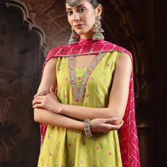 Stylum Women's Green Bandhej Printed & Embroidered Rayon A-Line Kurta Pant Dupatta Set (KPDGREENHERMES)