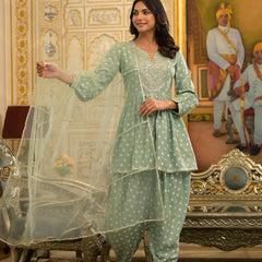 Stylum Women's Bandhani Printed & Embroidered Rayon Pleated Kurti with Dhoti Pant & Dupatta Set (KPDGREENINK)