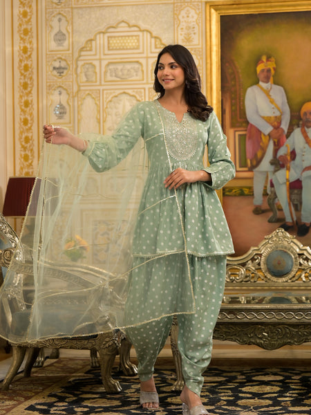 Stylum Women's Bandhani Printed & Embroidered Rayon Pleated Kurti with Dhoti Pant & Dupatta Set (KPDGREENINK)