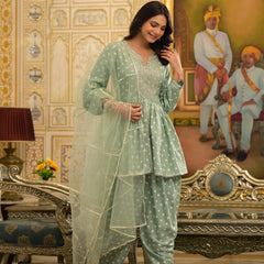 Stylum Women's Bandhani Printed & Embroidered Rayon Pleated Kurti with Dhoti Pant & Dupatta Set (KPDGREENINK)