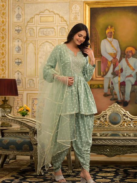 Stylum Women's Bandhani Printed & Embroidered Rayon Pleated Kurti with Dhoti Pant & Dupatta Set (KPDGREENINK)