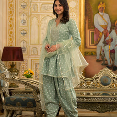 Stylum Women's Bandhani Printed & Embroidered Rayon Pleated Kurti with Dhoti Pant & Dupatta Set (KPDGREENINK)