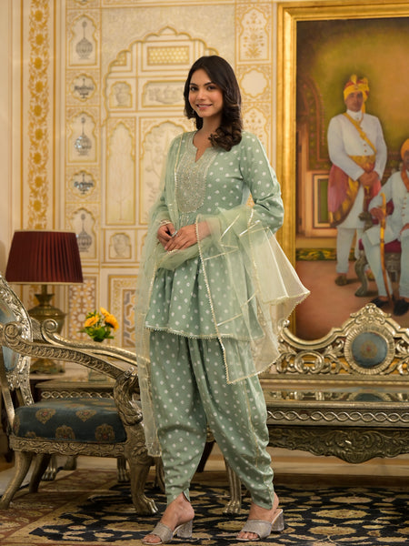 Stylum Women's Bandhani Printed & Embroidered Rayon Pleated Kurti with Dhoti Pant & Dupatta Set (KPDGREENINK)
