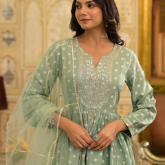 Stylum Women's Bandhani Printed & Embroidered Rayon Pleated Kurti with Dhoti Pant & Dupatta Set (KPDGREENINK)