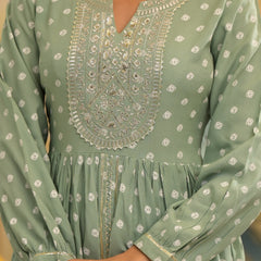 Stylum Women's Bandhani Printed & Embroidered Rayon Pleated Kurti with Dhoti Pant & Dupatta Set (KPDGREENINK)