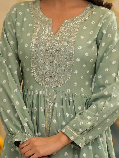 Stylum Women's Bandhani Printed & Embroidered Rayon Pleated Kurti with Dhoti Pant & Dupatta Set (KPDGREENINK)