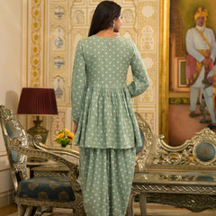 Stylum Women's Bandhani Printed & Embroidered Rayon Pleated Kurti with Dhoti Pant & Dupatta Set (KPDGREENINK)