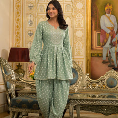 Stylum Women's Bandhani Printed & Embroidered Rayon Pleated Kurti with Dhoti Pant & Dupatta Set (KPDGREENINK)