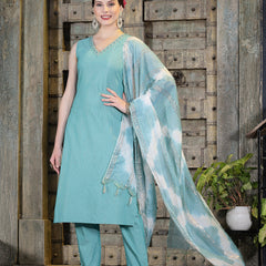 Stylum Women's Woven Designed Cotton Blend Straight Kurta Pant Dupatta Set (KPDGREENJERICO)