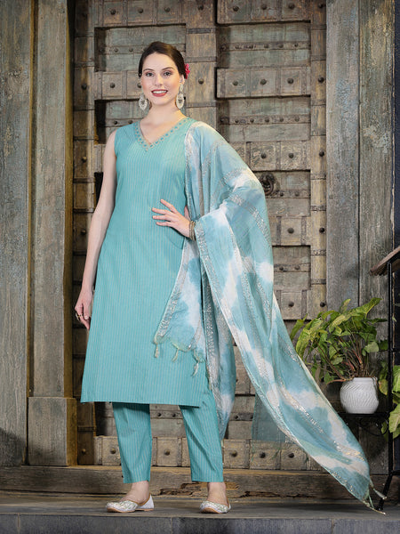 Stylum Women's Woven Designed Cotton Blend Straight Kurta Pant Dupatta Set (KPDGREENJERICO)