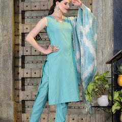 Stylum Women's Woven Designed Cotton Blend Straight Kurta Pant Dupatta Set (KPDGREENJERICO)