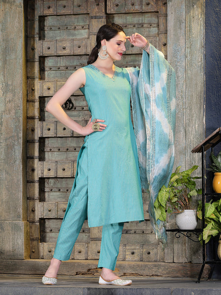 Stylum Women's Woven Designed Cotton Blend Straight Kurta Pant Dupatta Set (KPDGREENJERICO)
