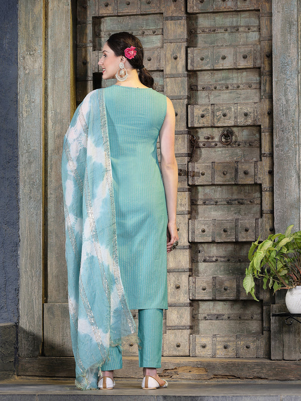 Stylum Women's Woven Designed Cotton Blend Straight Kurta Pant Dupatta Set (KPDGREENJERICO)