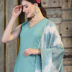 Stylum Women's Woven Designed Cotton Blend Straight Kurta Pant Dupatta Set (KPDGREENJERICO)