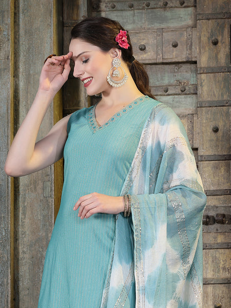 Stylum Women's Woven Designed Cotton Blend Straight Kurta Pant Dupatta Set (KPDGREENJERICO)