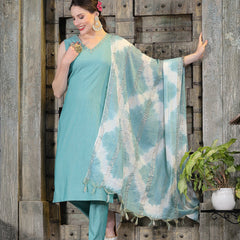 Stylum Women's Woven Designed Cotton Blend Straight Kurta Pant Dupatta Set (KPDGREENJERICO)