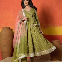 Stylum Women's Green Ethnic Motif Printed Pure Cotton Anarkali Kurta Pant Dupatta Set (KPDGREENKARTIKA)