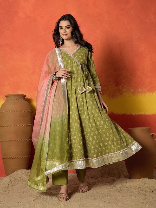 Stylum Women's Green Ethnic Motif Printed Pure Cotton Anarkali Kurta Pant Dupatta Set (KPDGREENKARTIKA)