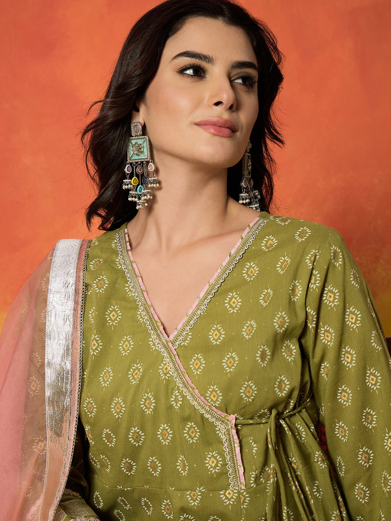 Stylum Women's Green Ethnic Motif Printed Pure Cotton Anarkali Kurta Pant Dupatta Set (KPDGREENKARTIKA)