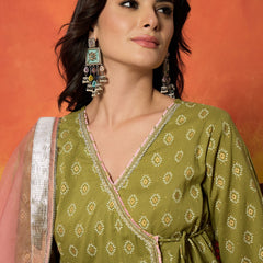 Stylum Women's Green Ethnic Motif Printed Pure Cotton Anarkali Kurta Pant Dupatta Set (KPDGREENKARTIKA)