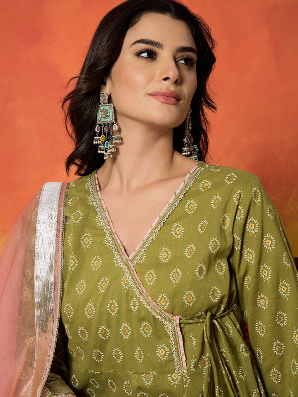 Stylum Women's Green Ethnic Motif Printed Pure Cotton Anarkali Kurta Pant Dupatta Set (KPDGREENKARTIKA)