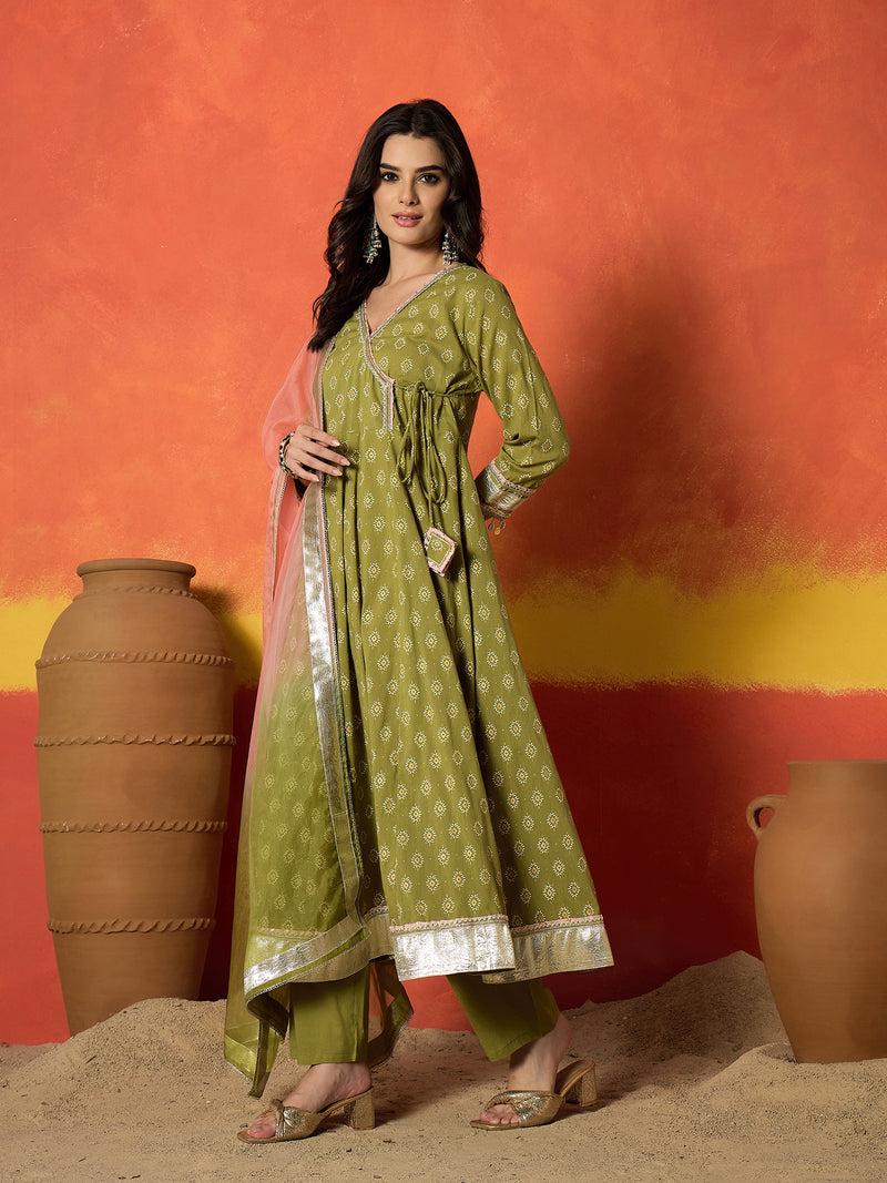 Stylum Women's Green Ethnic Motif Printed Pure Cotton Anarkali Kurta Pant Dupatta Set (KPDGREENKARTIKA)