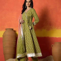 Stylum Women's Green Ethnic Motif Printed Pure Cotton Anarkali Kurta Pant Dupatta Set (KPDGREENKARTIKA)