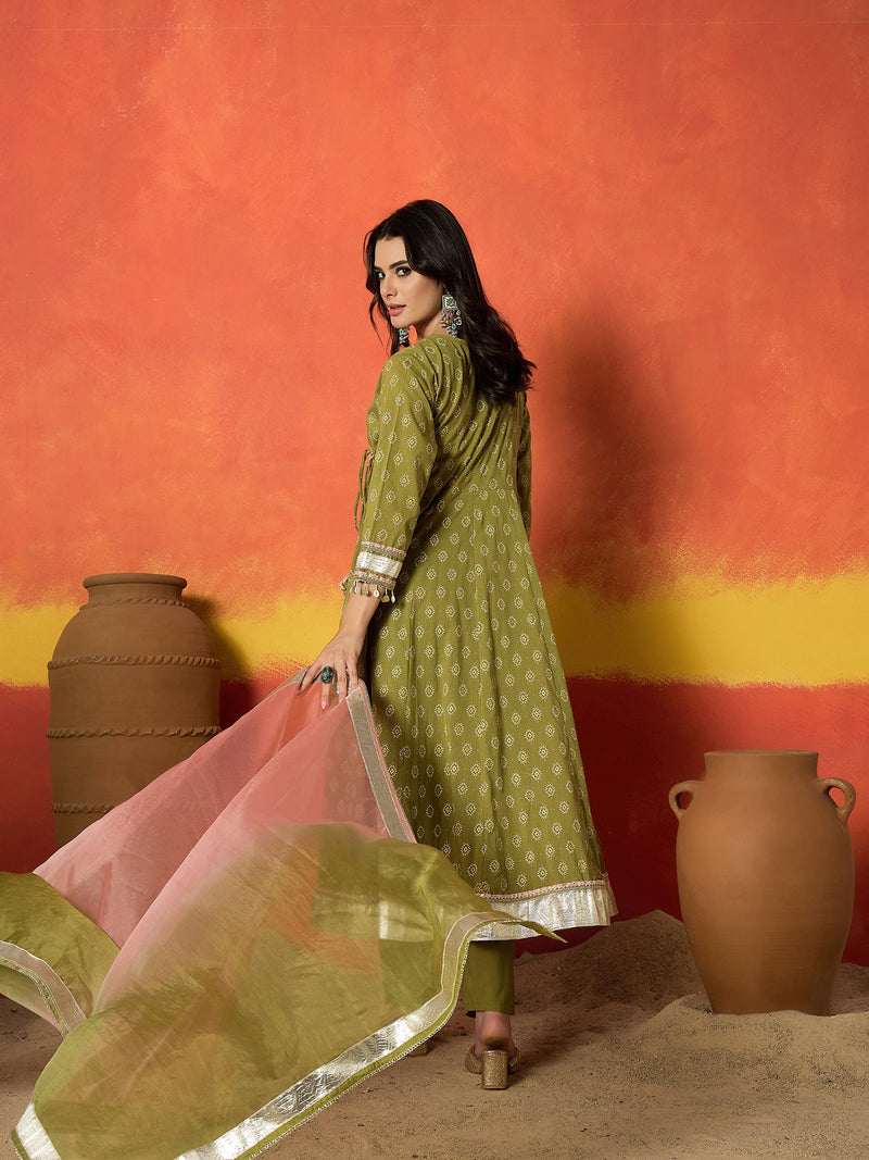 Stylum Women's Green Ethnic Motif Printed Pure Cotton Anarkali Kurta Pant Dupatta Set (KPDGREENKARTIKA)