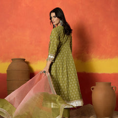 Stylum Women's Green Ethnic Motif Printed Pure Cotton Anarkali Kurta Pant Dupatta Set (KPDGREENKARTIKA)