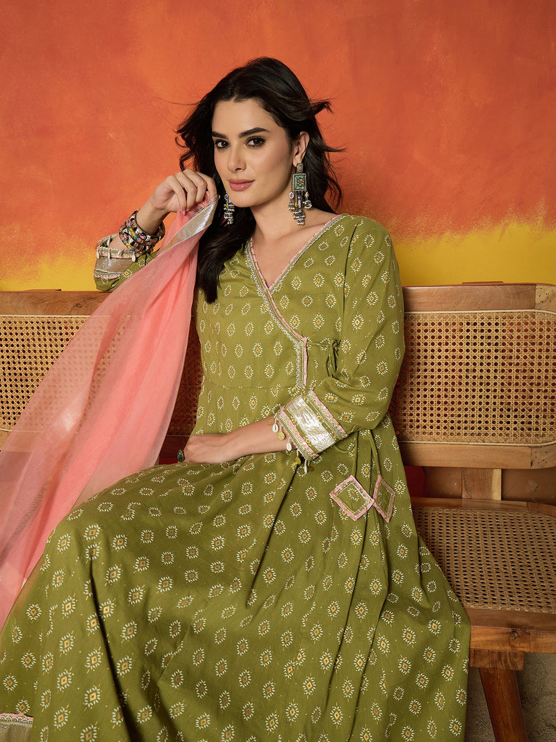 Stylum Women's Green Ethnic Motif Printed Pure Cotton Anarkali Kurta Pant Dupatta Set (KPDGREENKARTIKA)