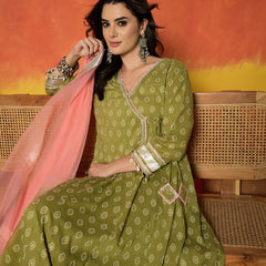 Stylum Women's Green Ethnic Motif Printed Pure Cotton Anarkali Kurta Pant Dupatta Set (KPDGREENKARTIKA)
