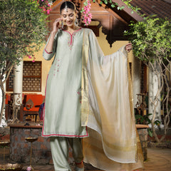 Stylum Women's Green Solid & Embroidered Shimmer Silk Straight Kurta Pant Dupatta Set