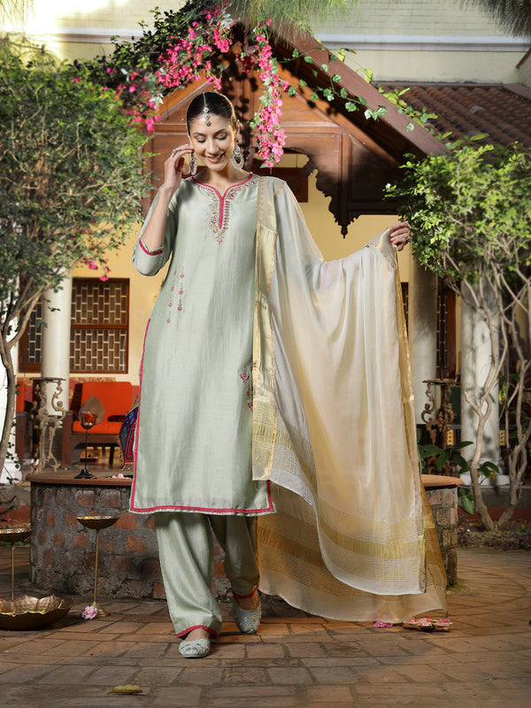 Stylum Women's Green Solid & Embroidered Shimmer Silk Straight Kurta Pant Dupatta Set