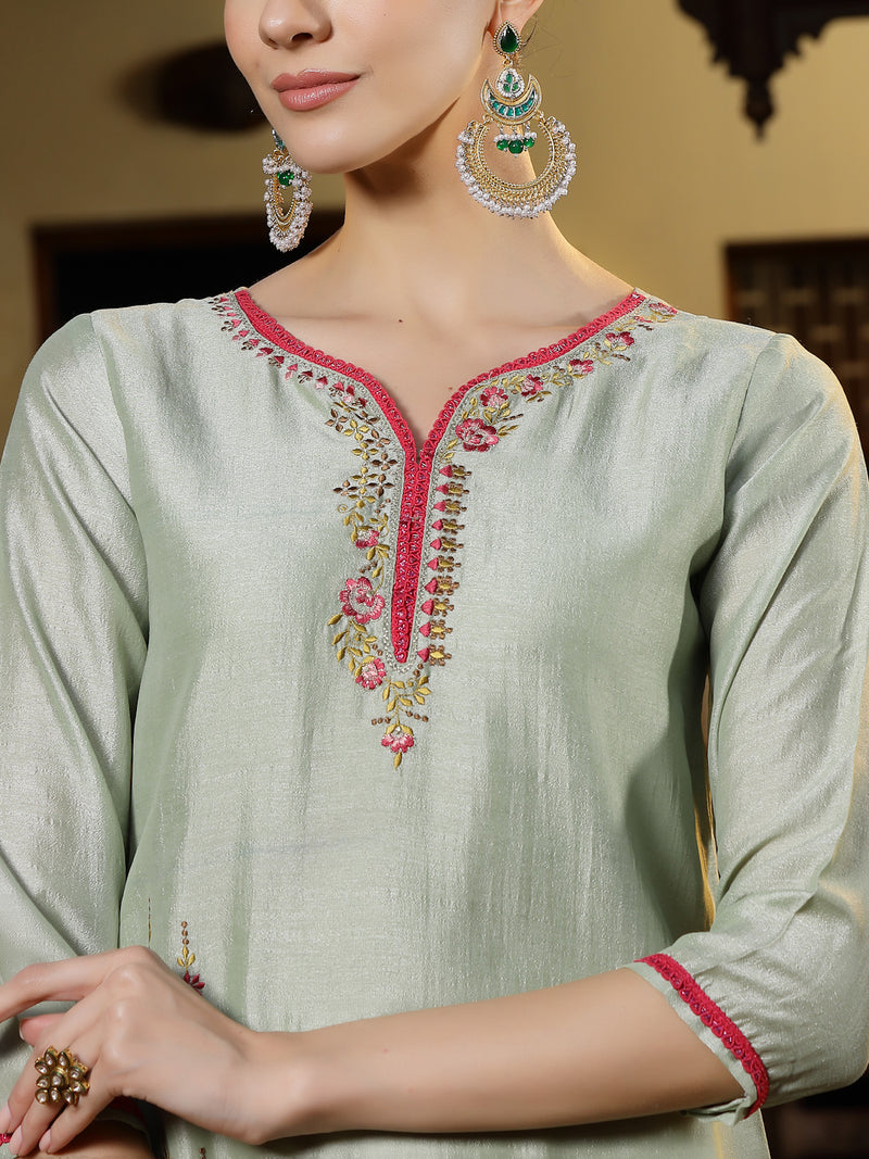 Stylum Women's Green Solid & Embroidered Shimmer Silk Straight Kurta Pant Dupatta Set
