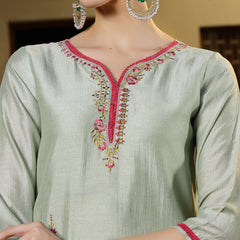 Stylum Women's Green Solid & Embroidered Shimmer Silk Straight Kurta Pant Dupatta Set